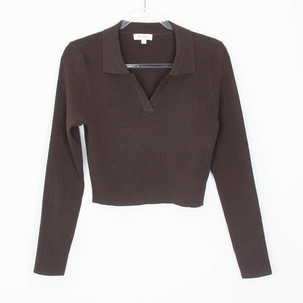 Wayf '98 Womens‎ V Neck Crop Ribbed Sweater Size L Brown Long Sleeve Preppy Y2K